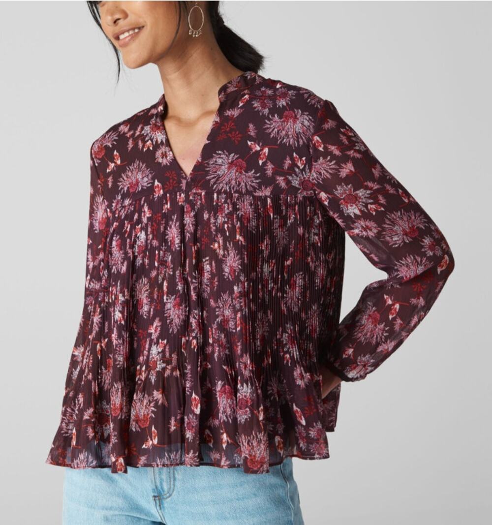 WHISTLES London Pitti Print Pleated Chiffon Blouse Sz 6 Top Floral Burgundy Pink